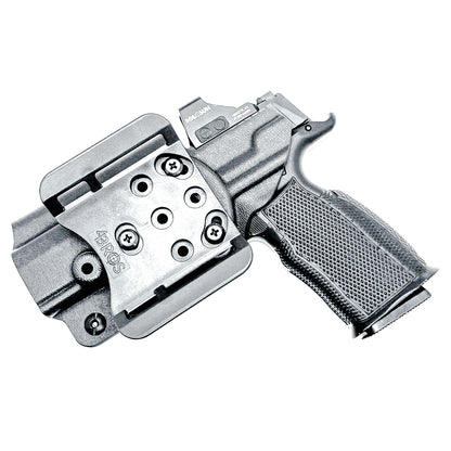 Black Sig Sauer P365-XMACRO, P365XL or P365 slide and Icarus Precision A.C.E. 365 X MACRO or 365 XL EVO Grip Module OWB Holster from Four Brothers. 