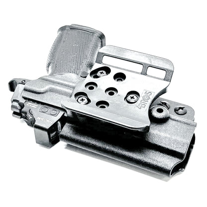 Black Sig Sauer P365-XMACRO, P365XL or P365 slide and Icarus Precision A.C.E. 365 X MACRO or 365 XL EVO Grip Module OWB Holster from Four Brothers. 