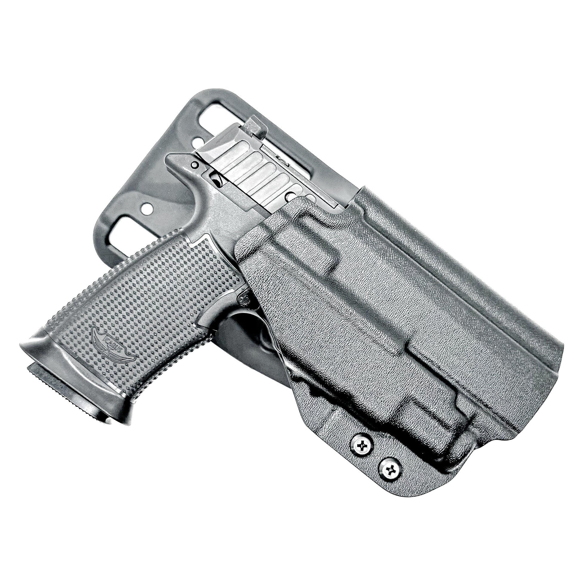 Black competition holster for the Icarus AIR Polymer P365-Fuse & Streamlight TLR-7 Sub light with Duty Drop attachment.