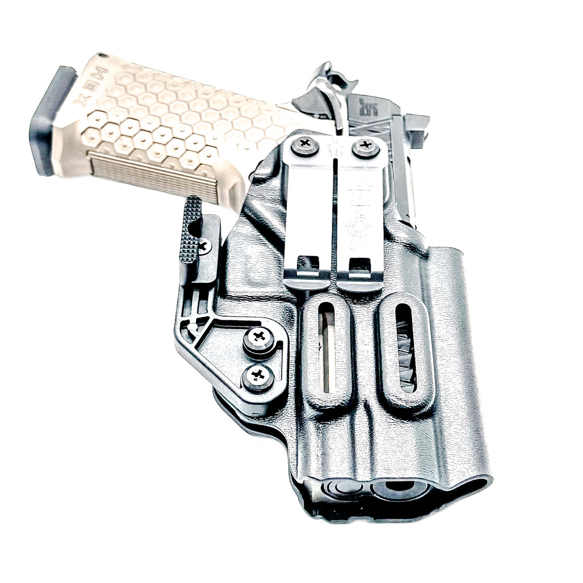 IWB holster custom fit for the Jacob Grey TWC HEX. Optic-ready, adjustable retention and ride height. Built in the USA for reliable, comfortable carry.