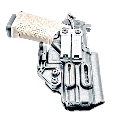 IWB holster custom fit for the Jacob Grey TWC HEX. Optic-ready, adjustable retention and ride height. Built in the USA for reliable, comfortable carry.