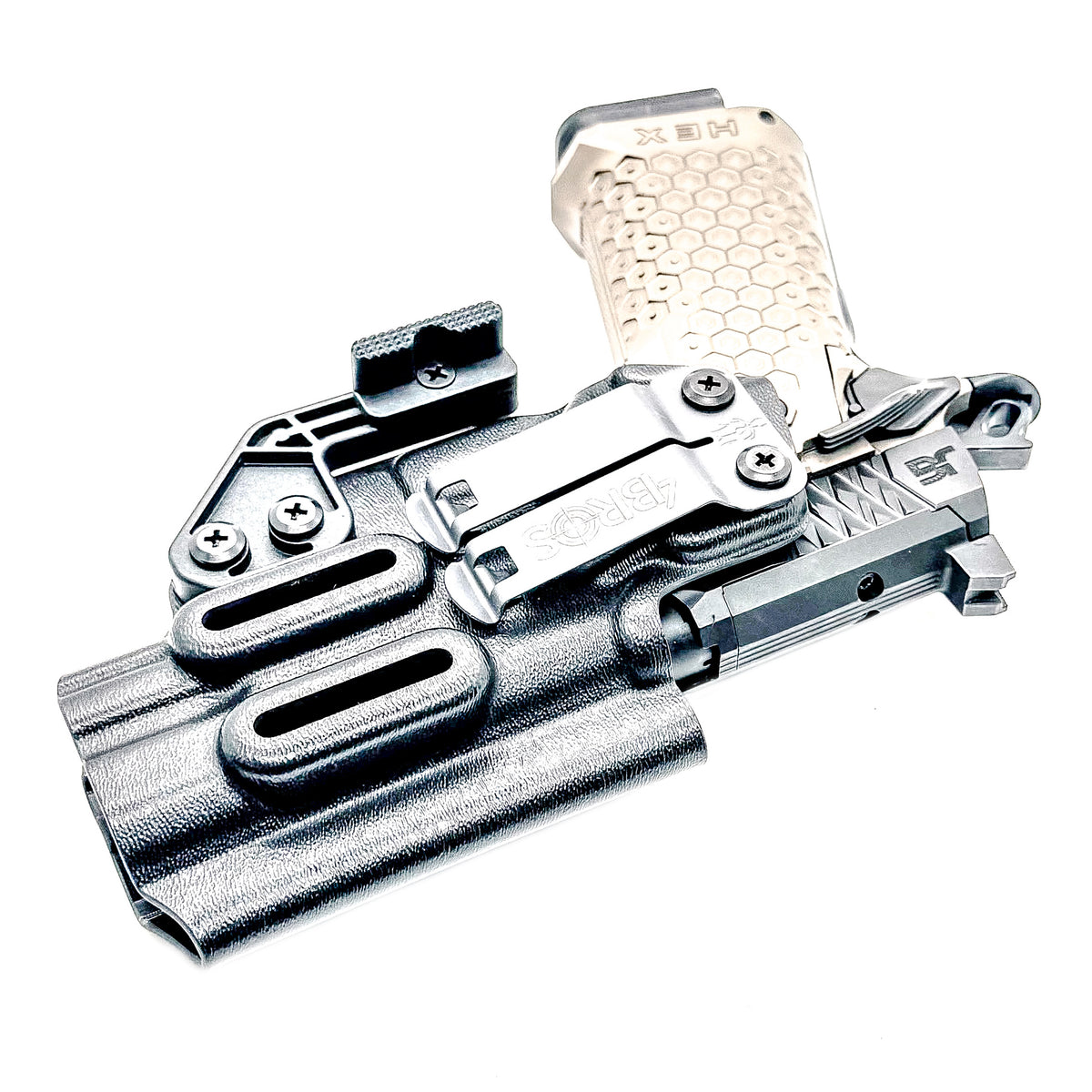 IWB holster custom fit for the Jacob Grey TWC HEX. Optic-ready, adjustable retention and ride height. Built in the USA for reliable, comfortable carry.