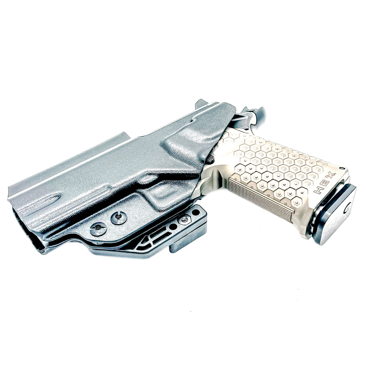 IWB holster custom fit for the Jacob Grey TWC HEX. Optic-ready, adjustable retention and ride height. Built in the USA for reliable, comfortable carry.