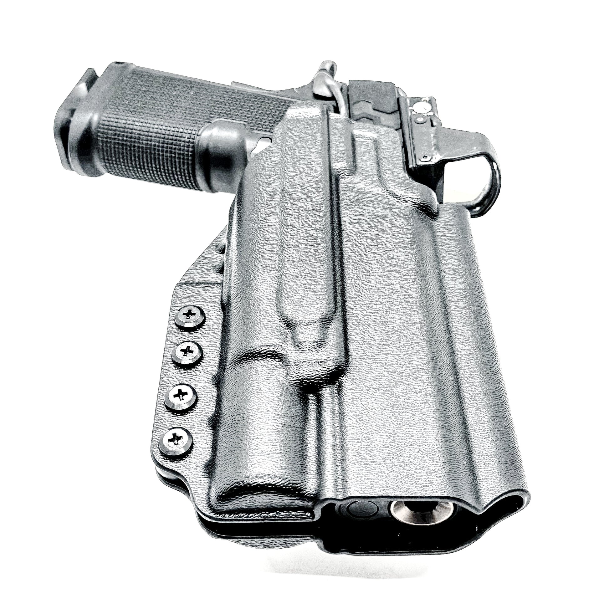 Kimber 2K11 OWB holster with SureFire X300U. Outside Waistband holster for range and carry with adjustable retention, optic compatibility, and durability.