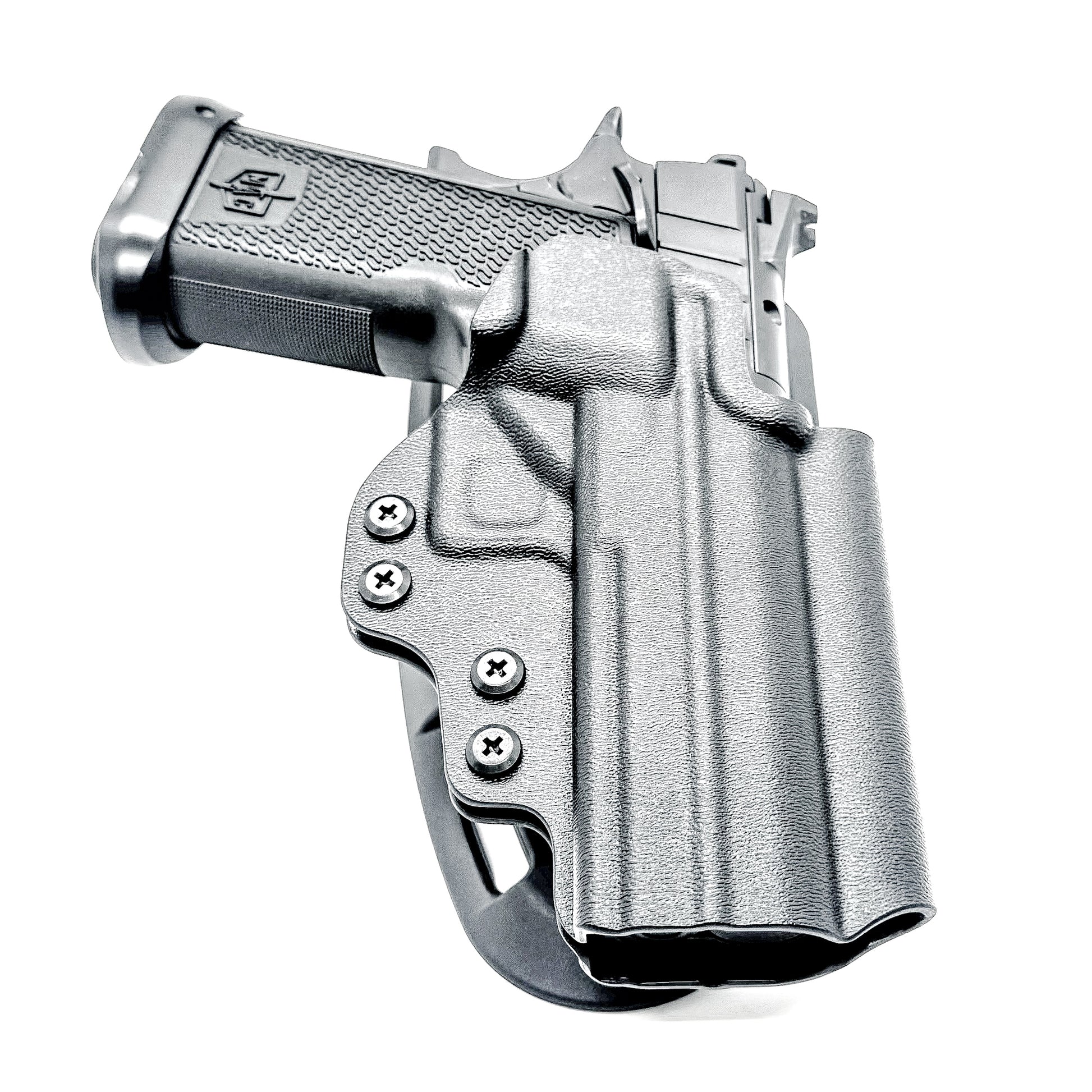 MAC 9 DS & DS COMP Outside Waistband (OWB) competition holster with precision fit and adjustable retention. Optics-ready design, made in the USA.