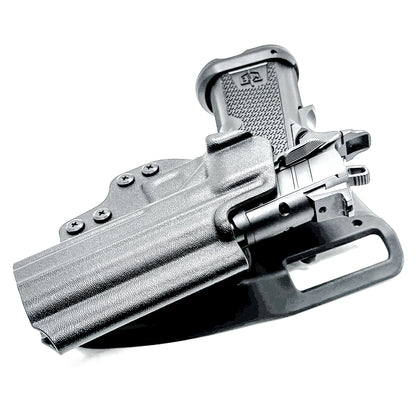 MAC 9 DS & DS COMP Outside Waistband (OWB) competition holster with precision fit and adjustable retention. Optics-ready design, made in the USA.