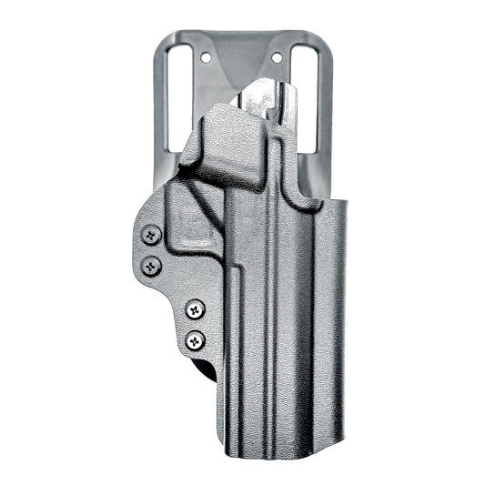 Black right-hand competition holster for the Military Armament Corporation MAC 9 DS Duty and DS-D COMP with adjustable retention and optic-ready design