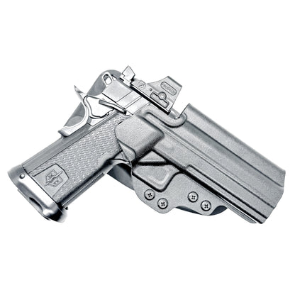Black right-hand competition holster for the Military Armament Corporation MAC 9 DS Duty and DS-D COMP with adjustable retention and optic-ready design