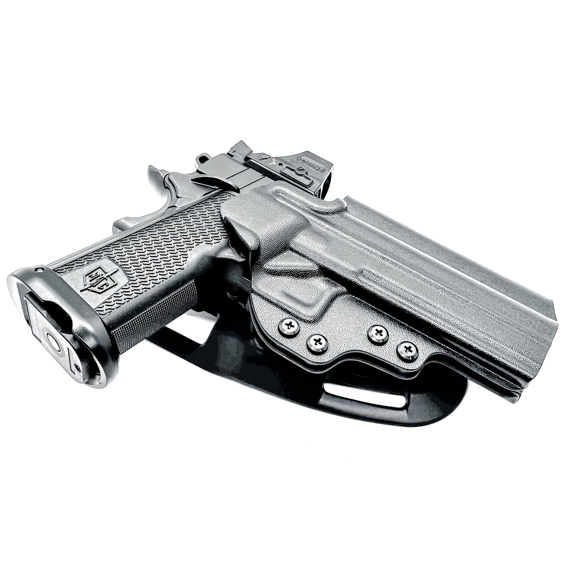 Black right-hand competition holster for the Military Armament Corporation MAC 9 DS Duty and DS-D COMP with adjustable retention and optic-ready design