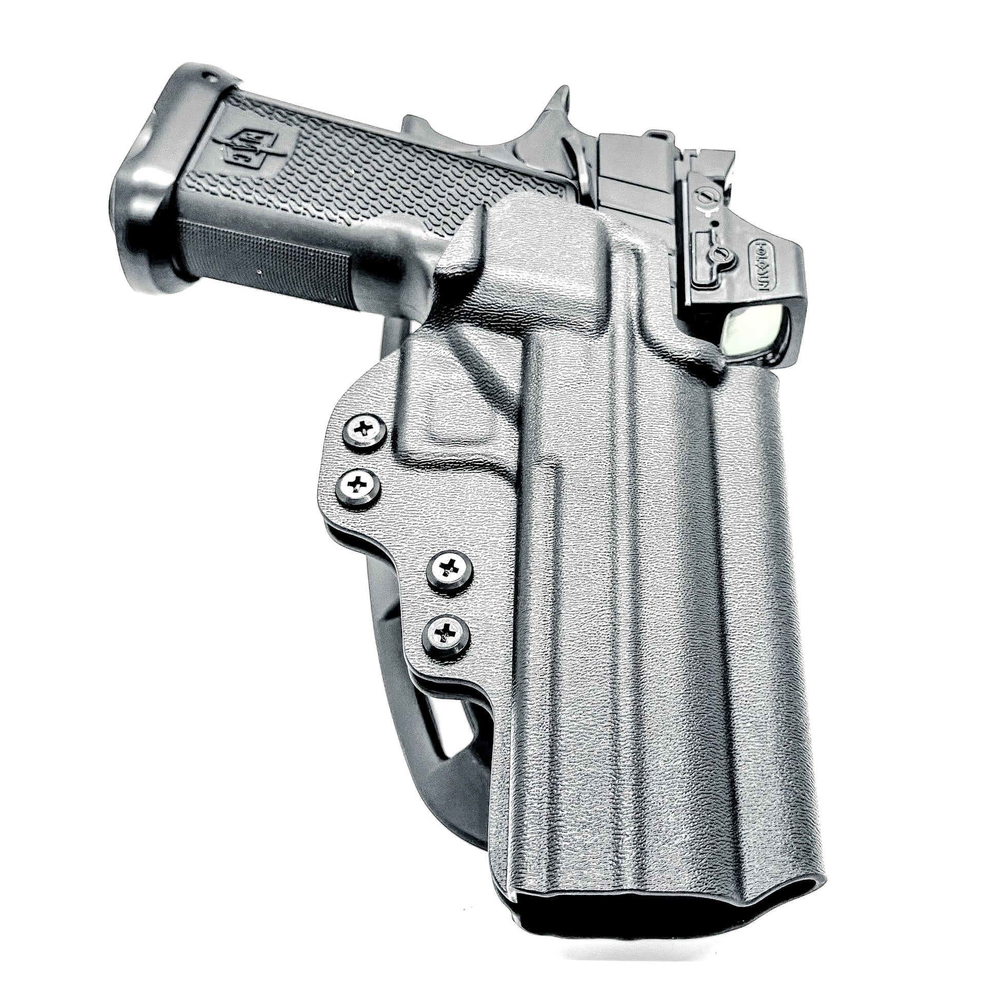 Black right-hand competition holster for the Military Armament Corporation MAC 9 DS Duty and DS-D COMP with adjustable retention and optic-ready design