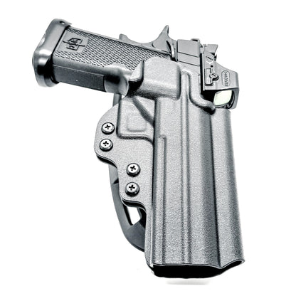 Black right-hand competition holster for the Military Armament Corporation MAC 9 DS Duty and DS-D COMP with adjustable retention and optic-ready design