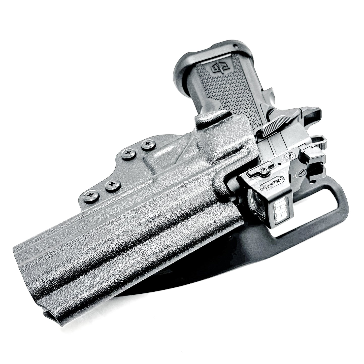 Black right-hand competition holster for the Military Armament Corporation MAC 9 DS Duty and DS-D COMP with adjustable retention and optic-ready design