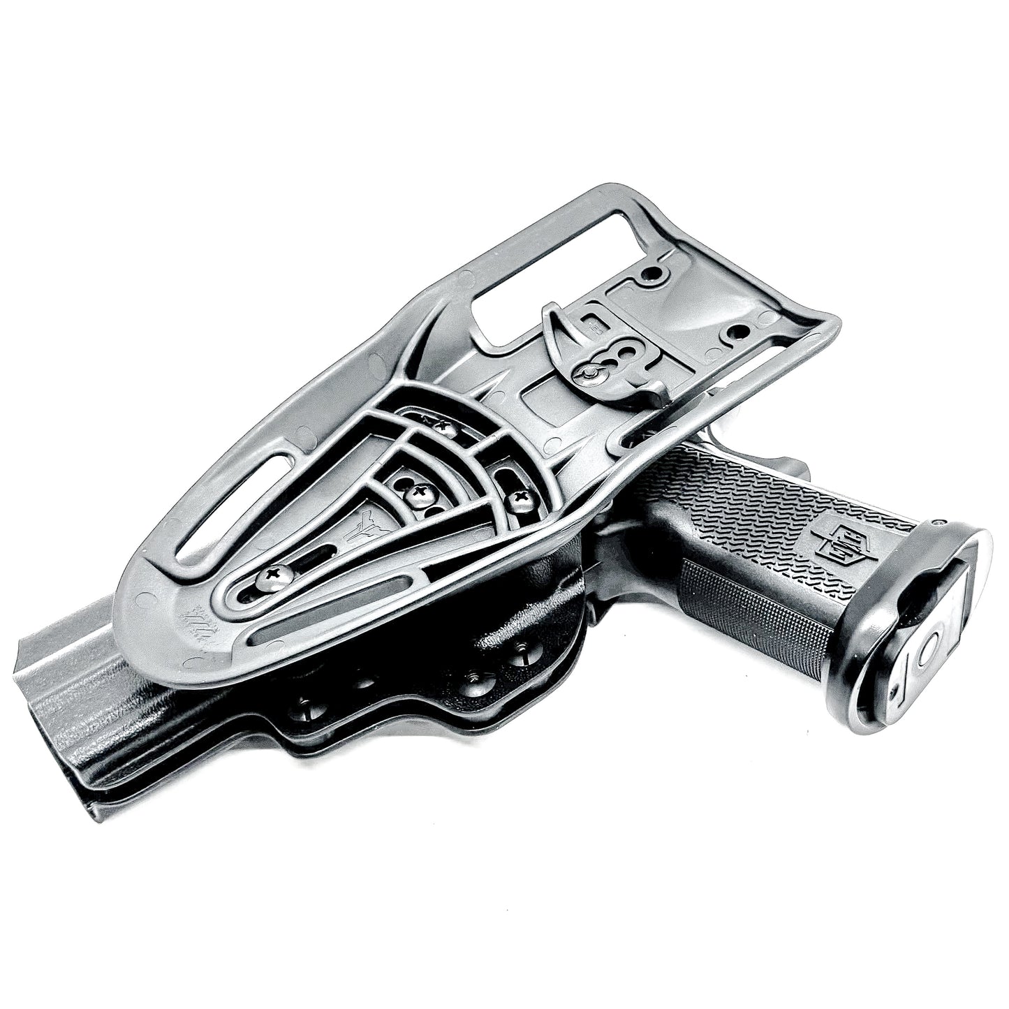 Black right-hand competition holster for the Military Armament Corporation MAC 9 DS Duty and DS-D COMP with adjustable retention and optic-ready design