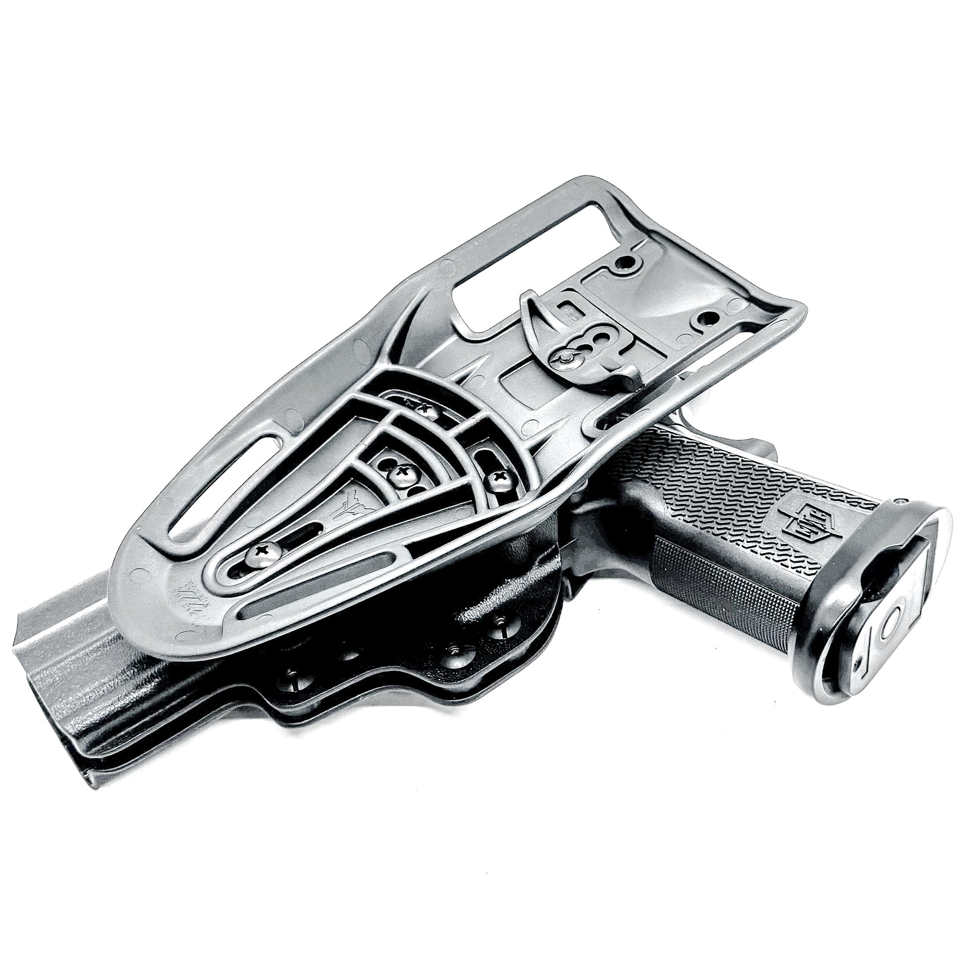 Black right-hand competition holster for the Military Armament Corporation MAC 9 DS Duty and DS-D COMP with adjustable retention and optic-ready design