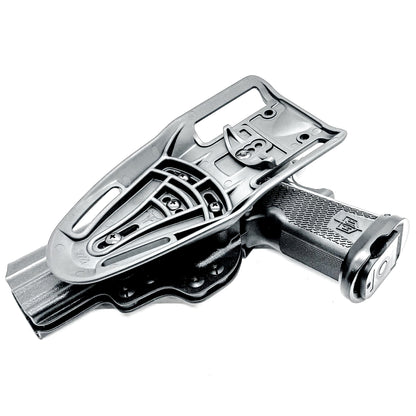 Black right-hand competition holster for the Military Armament Corporation MAC 9 DS Duty and DS-D COMP with adjustable retention and optic-ready design