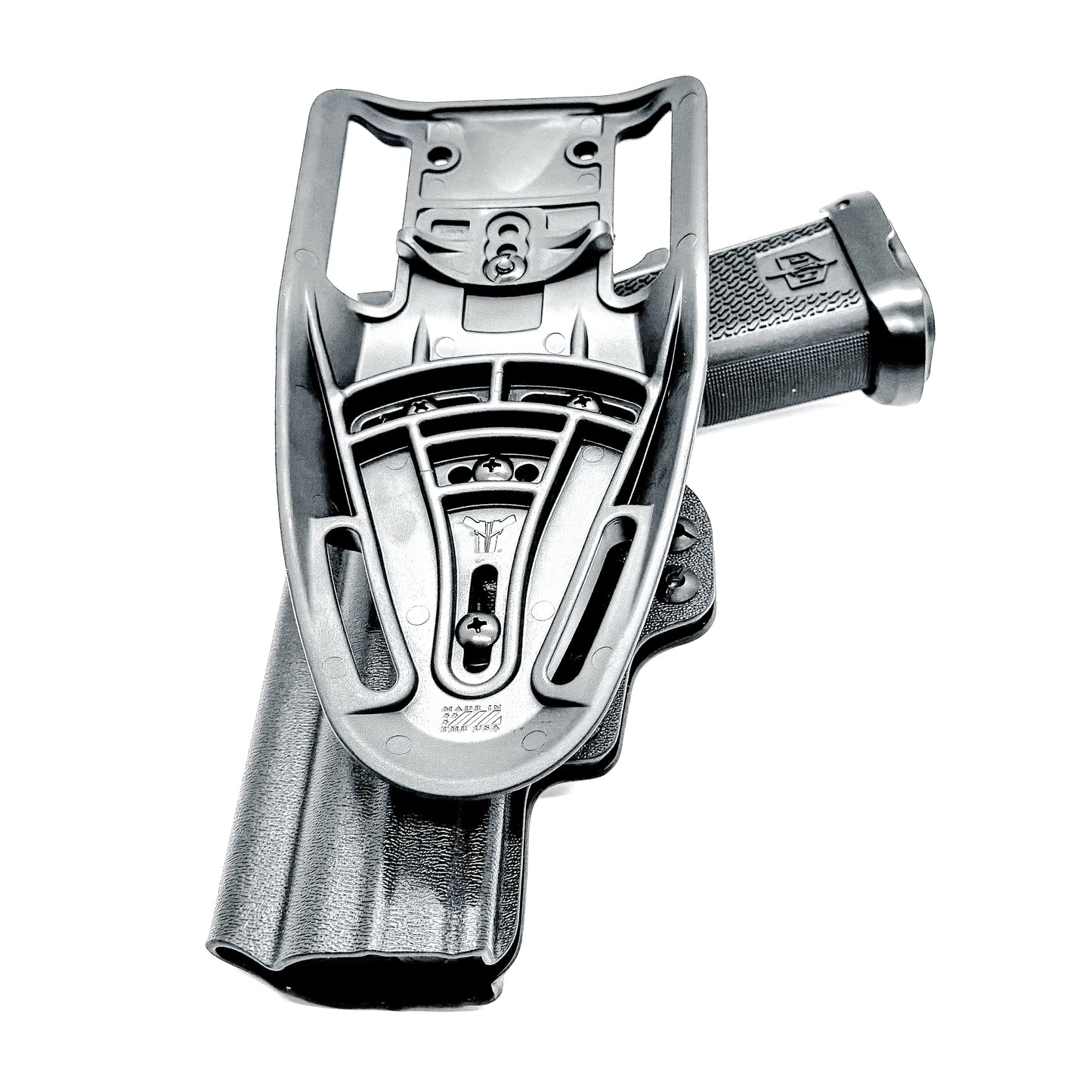 Black right-hand competition holster for the Military Armament Corporation MAC 9 DS Duty and DS-D COMP with adjustable retention and optic-ready design