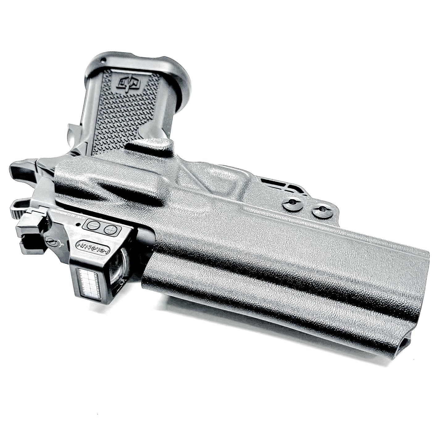 Black right-hand IWB holster for the Military Armament Corporation MAC 9 DS Duty and DS-D COMP with Monoblock clip and ModWing