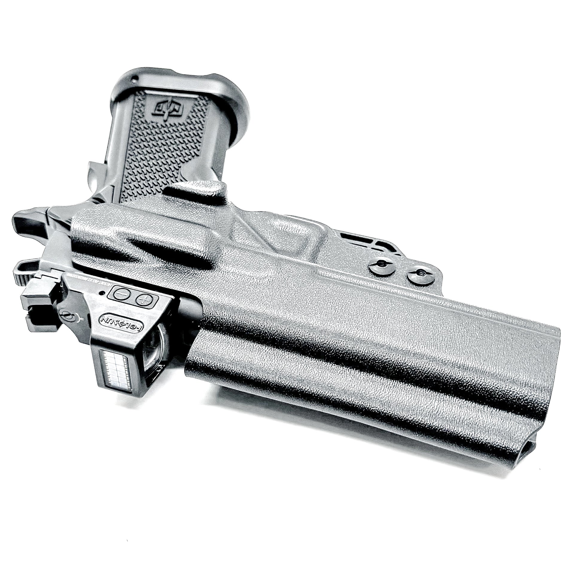 Black right-hand IWB holster for the Military Armament Corporation MAC 9 DS Duty and DS-D COMP with Monoblock clip and ModWing