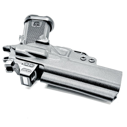 Black right-hand IWB holster for the Military Armament Corporation MAC 9 DS Duty and DS-D COMP with Monoblock clip and ModWing