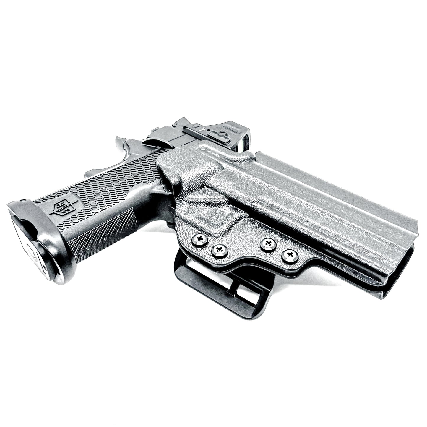 Black right-hand OWB holster for the Military Armament Corporation MAC 9 DS Duty and DS-D COMP with secure belt attachment and optic-ready design