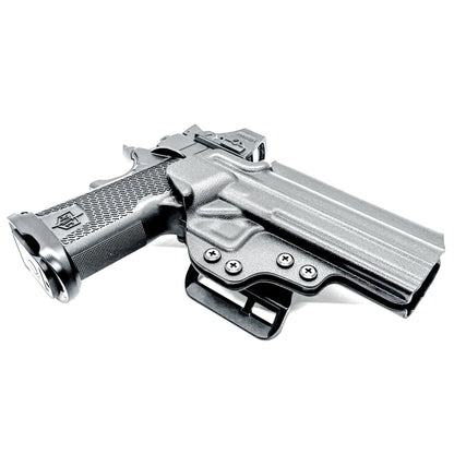 Black right-hand OWB holster for the Military Armament Corporation MAC 9 DS Duty and DS-D COMP with secure belt attachment and optic-ready design