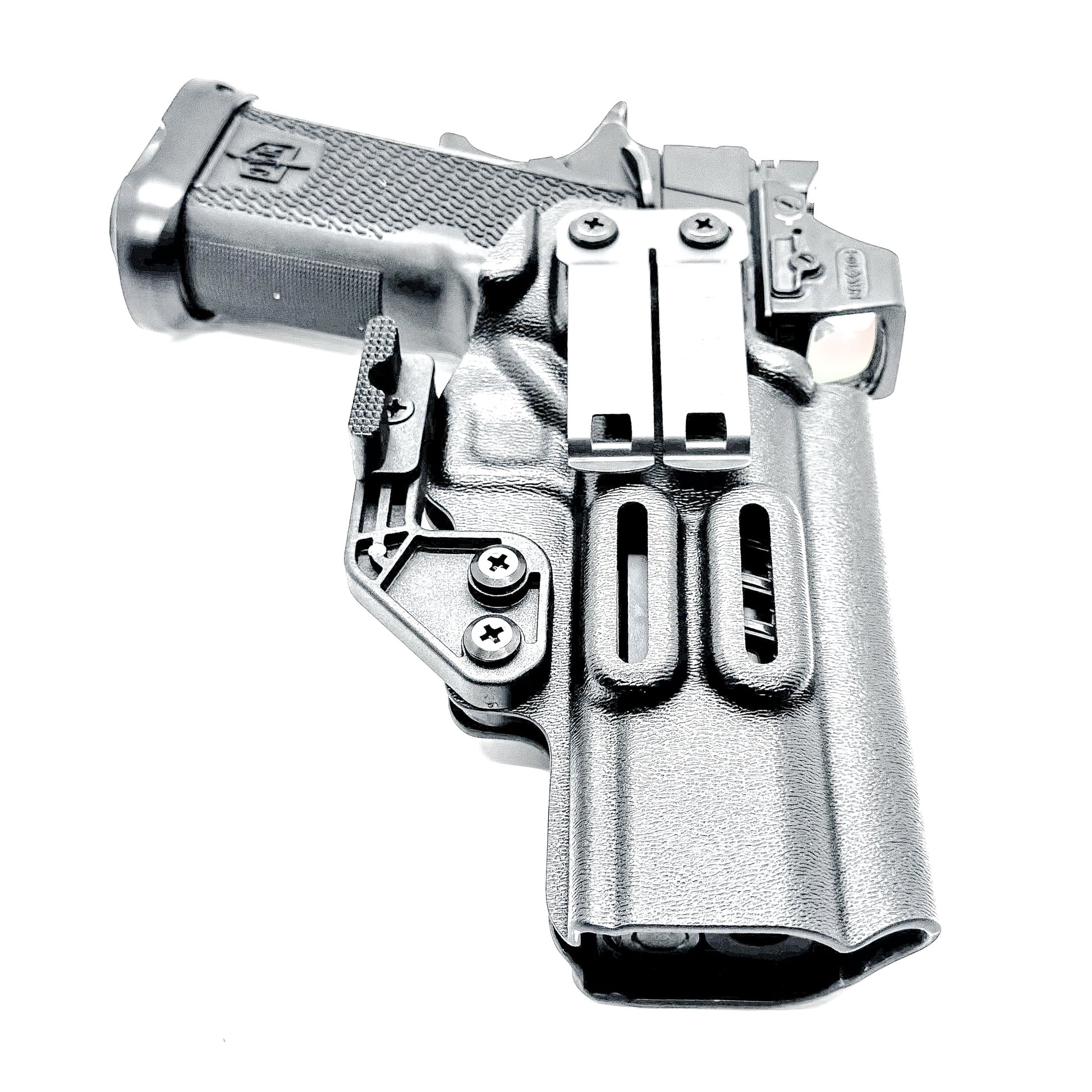 Black right-hand IWB holster for the Military Armament Corporation MAC 9 DS Duty and DS-D COMP with Monoblock clip and ModWing