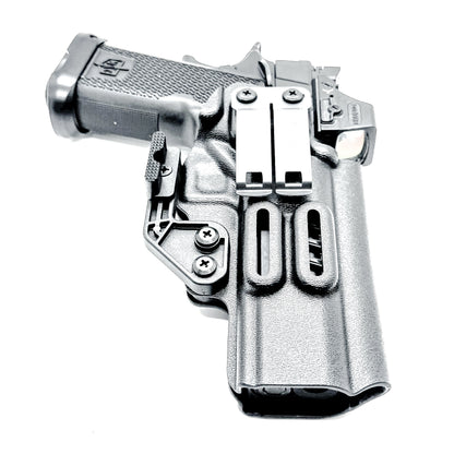 Black right-hand IWB holster for the Military Armament Corporation MAC 9 DS Duty and DS-D COMP with Monoblock clip and ModWing