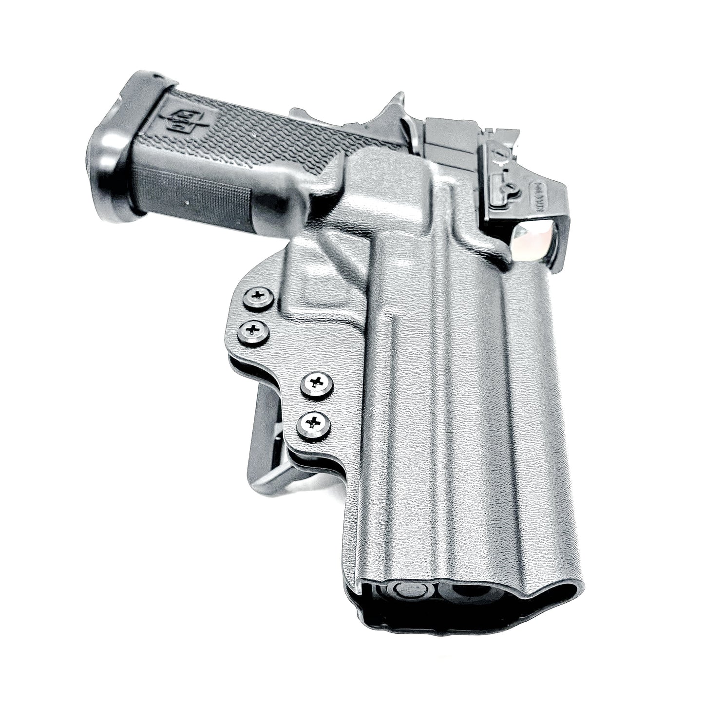 Black right-hand OWB holster for the Military Armament Corporation MAC 9 DS Duty and DS-D COMP with secure belt attachment and optic-ready design