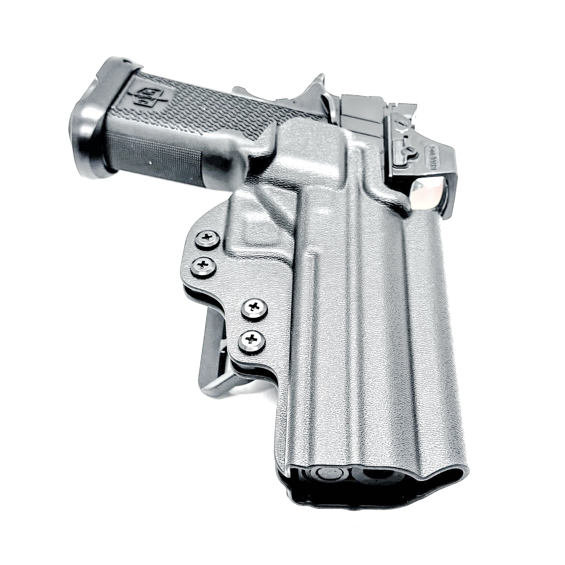 Black right-hand OWB holster for the Military Armament Corporation MAC 9 DS Duty and DS-D COMP with secure belt attachment and optic-ready design