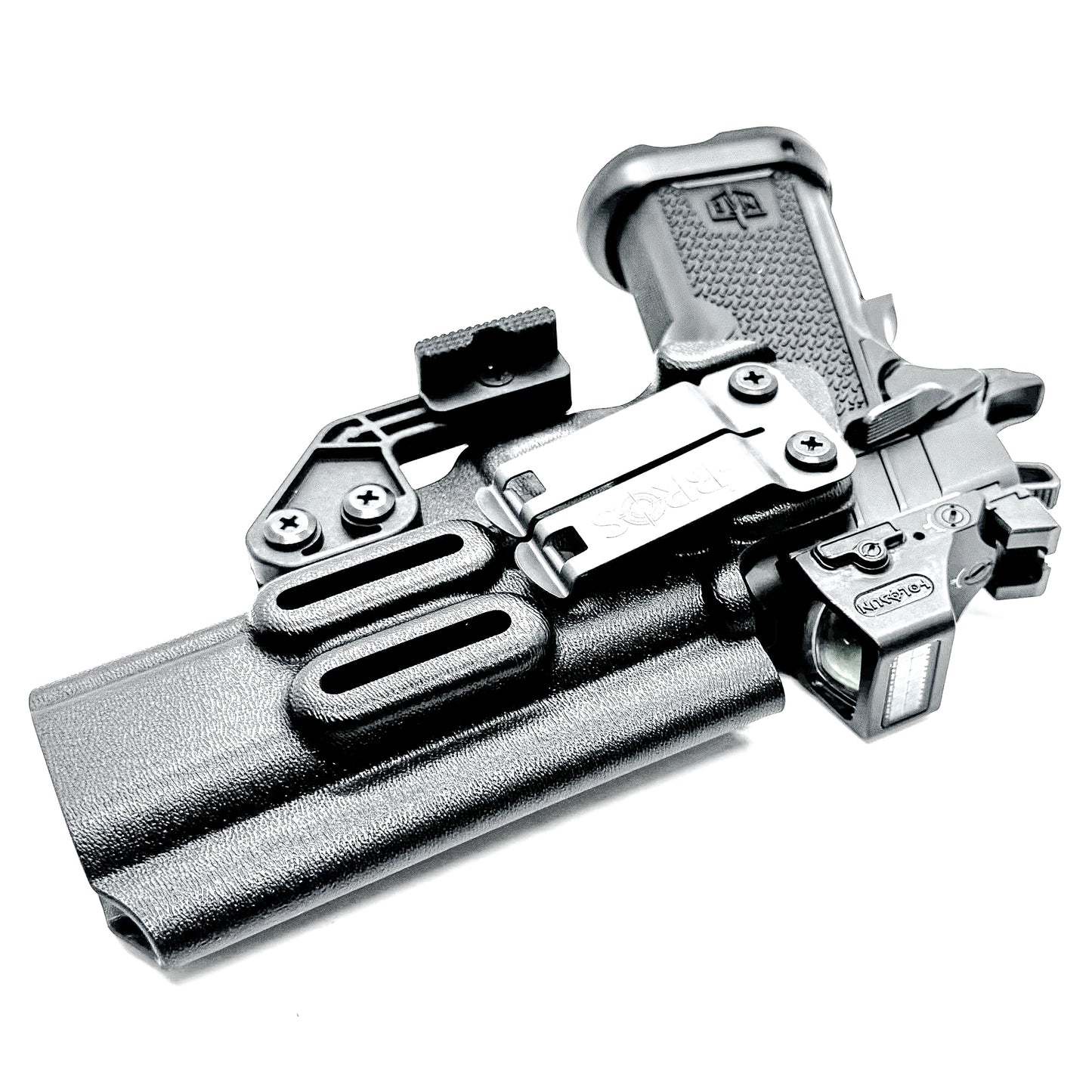 Black right-hand IWB holster for the Military Armament Corporation MAC 9 DS Duty and DS-D COMP with Monoblock clip and ModWing