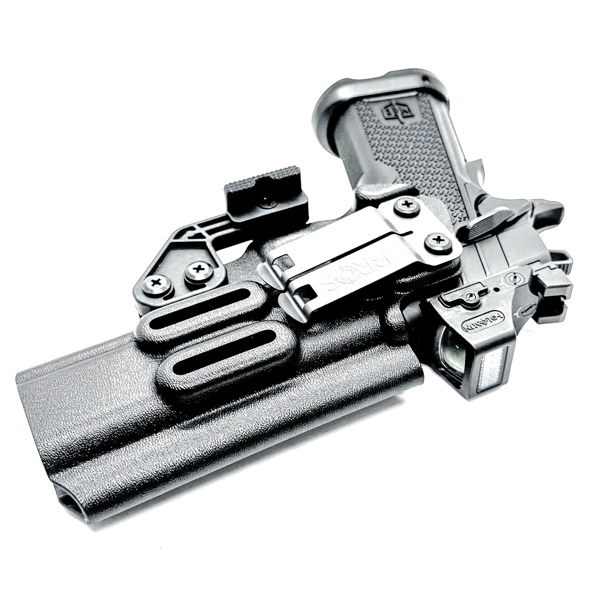 Black right-hand IWB holster for the Military Armament Corporation MAC 9 DS Duty and DS-D COMP with Monoblock clip and ModWing