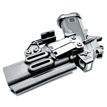 Black right-hand IWB holster for the Military Armament Corporation MAC 9 DS Duty and DS-D COMP with Monoblock clip and ModWing