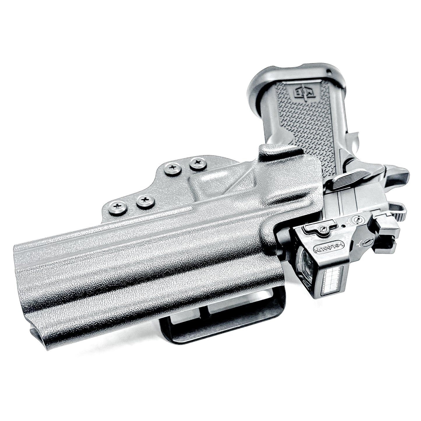 Black right-hand OWB holster for the Military Armament Corporation MAC 9 DS Duty and DS-D COMP with secure belt attachment and optic-ready design