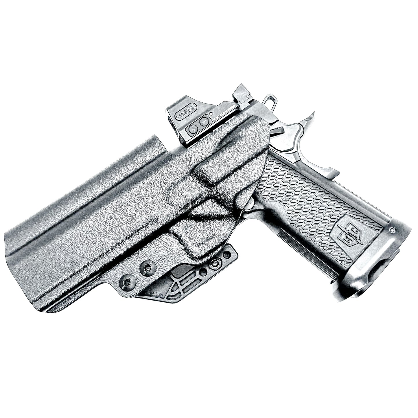 Black right-hand IWB holster for the Military Armament Corporation MAC 9 DS Duty and DS-D COMP with Monoblock clip and ModWing