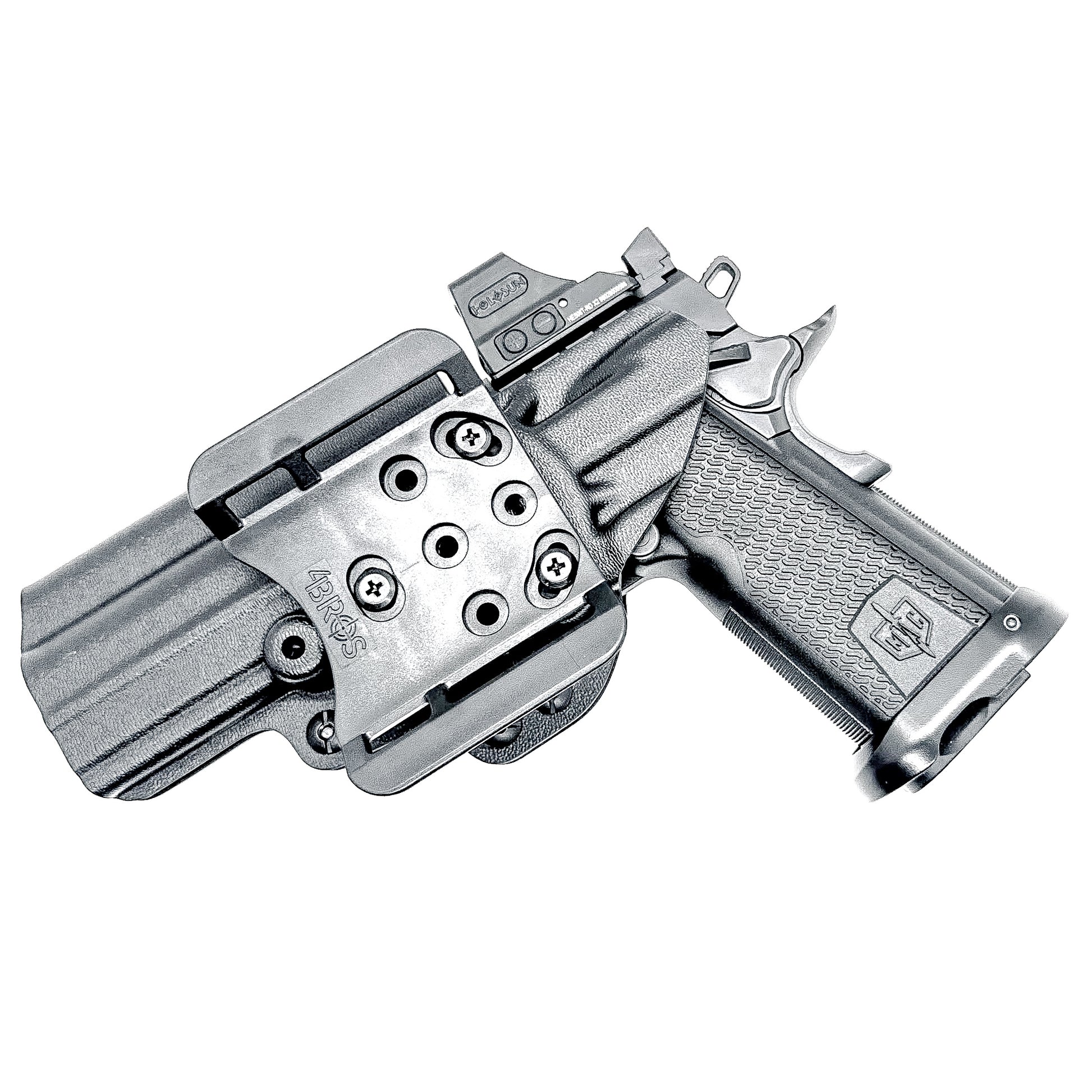 Black right-hand OWB holster for the Military Armament Corporation MAC 9 DS Duty and DS-D COMP with secure belt attachment and optic-ready design