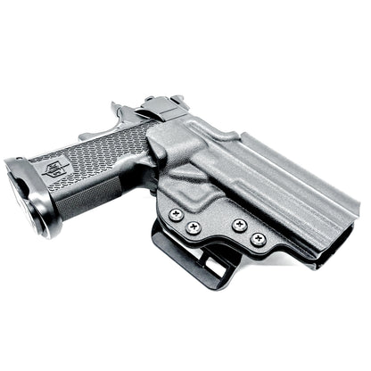 MAC 9 DS & DS COMP Outside Waistband (OWB) holster with precision fit and adjustable retention. Optics-ready design, made in the USA.