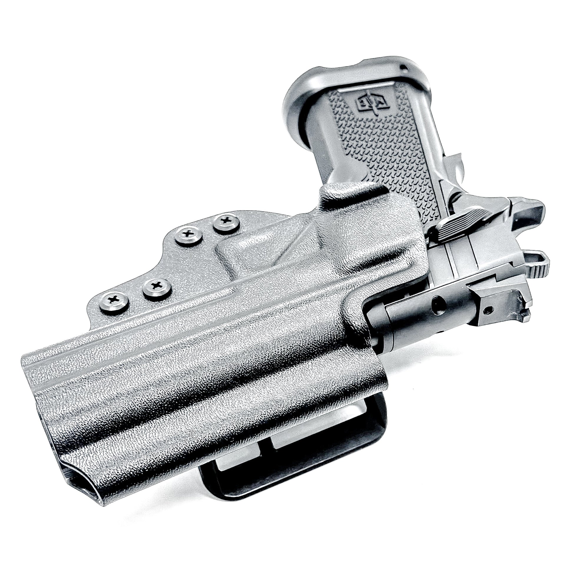 MAC 9 DS & DS COMP Outside Waistband (OWB) holster with precision fit and adjustable retention. Optics-ready design, made in the USA.