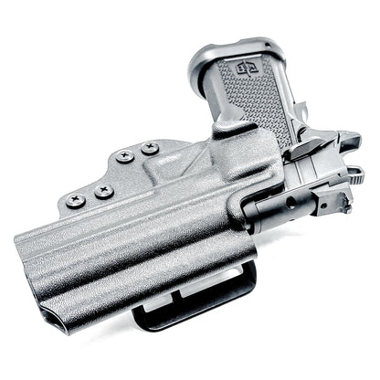MAC 9 DS & DS COMP Outside Waistband (OWB) holster with precision fit and adjustable retention. Optics-ready design, made in the USA.