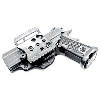 MAC 9 DS & DS COMP Outside Waistband (OWB) holster with precision fit and adjustable retention. Optics-ready design, made in the USA.