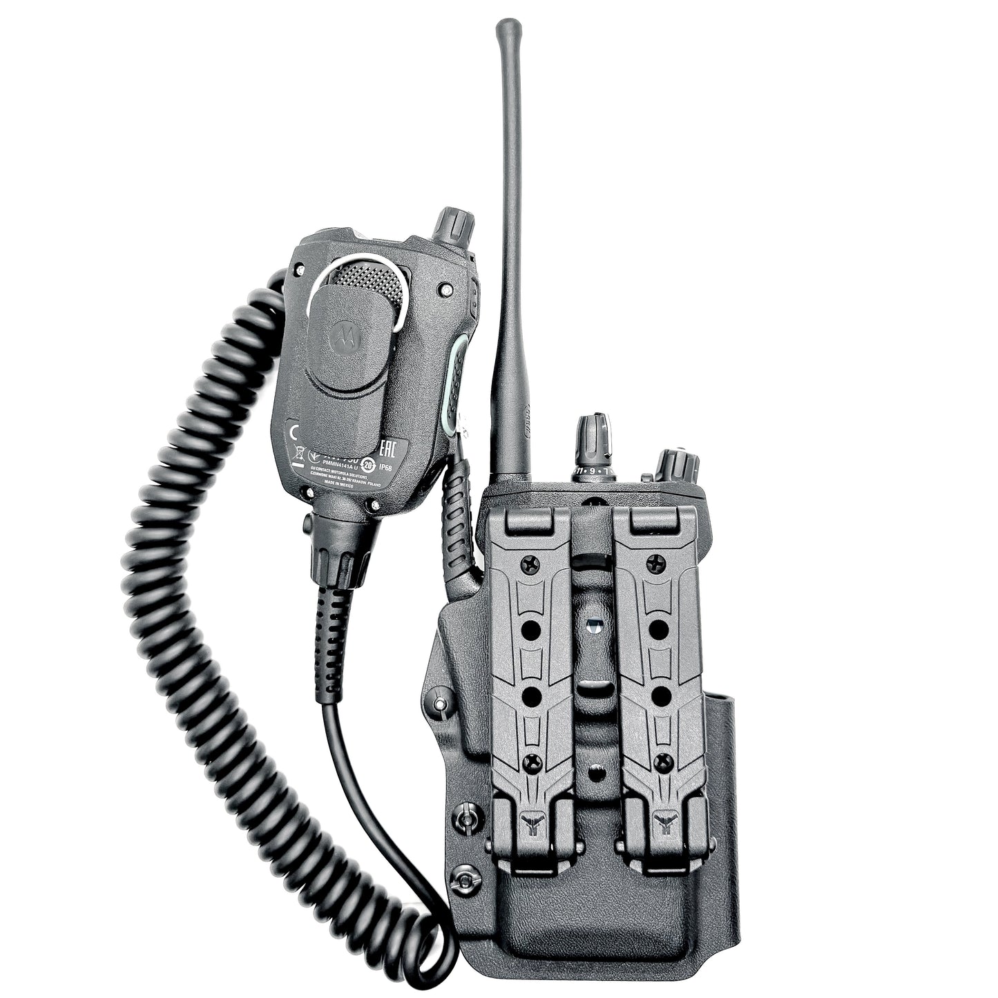 Outside Waistband & Molle Mount Kydex holster carrier for the Motorola APX N70 Single-band P25 Smart Radio Back Side with 3" Molle Lok
