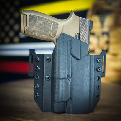 For the best OWB Outside Waistband Pancake Style holster for the Sig Sauer P320 with the Streamlight TLR-1 HL, shop Four Brothers Holsters. Adjustable cant, cleared for red dot sights and enclosed emitter optics. Short, fast shipping with 24-hour lead times.