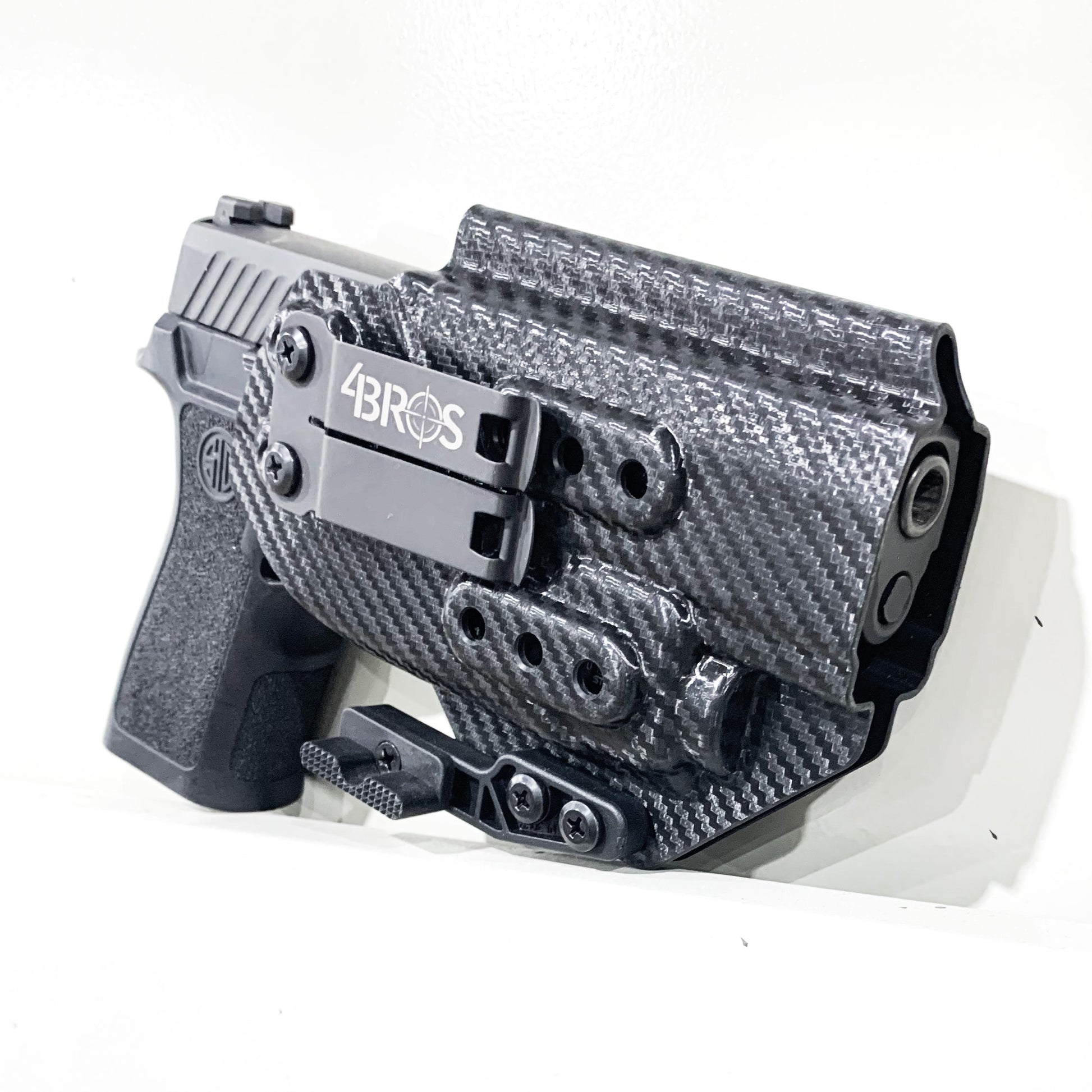 Inside Waistband Holster designed to fit the Sig Sauer P320 Full Size, X5, and M17 pistols with the Streamlight TLR-8 or TLR-8A light and mounted to the pistol. The holster retention is on the light itself and not the pistol, which means the holster will not work without the light mounted on the firearm.