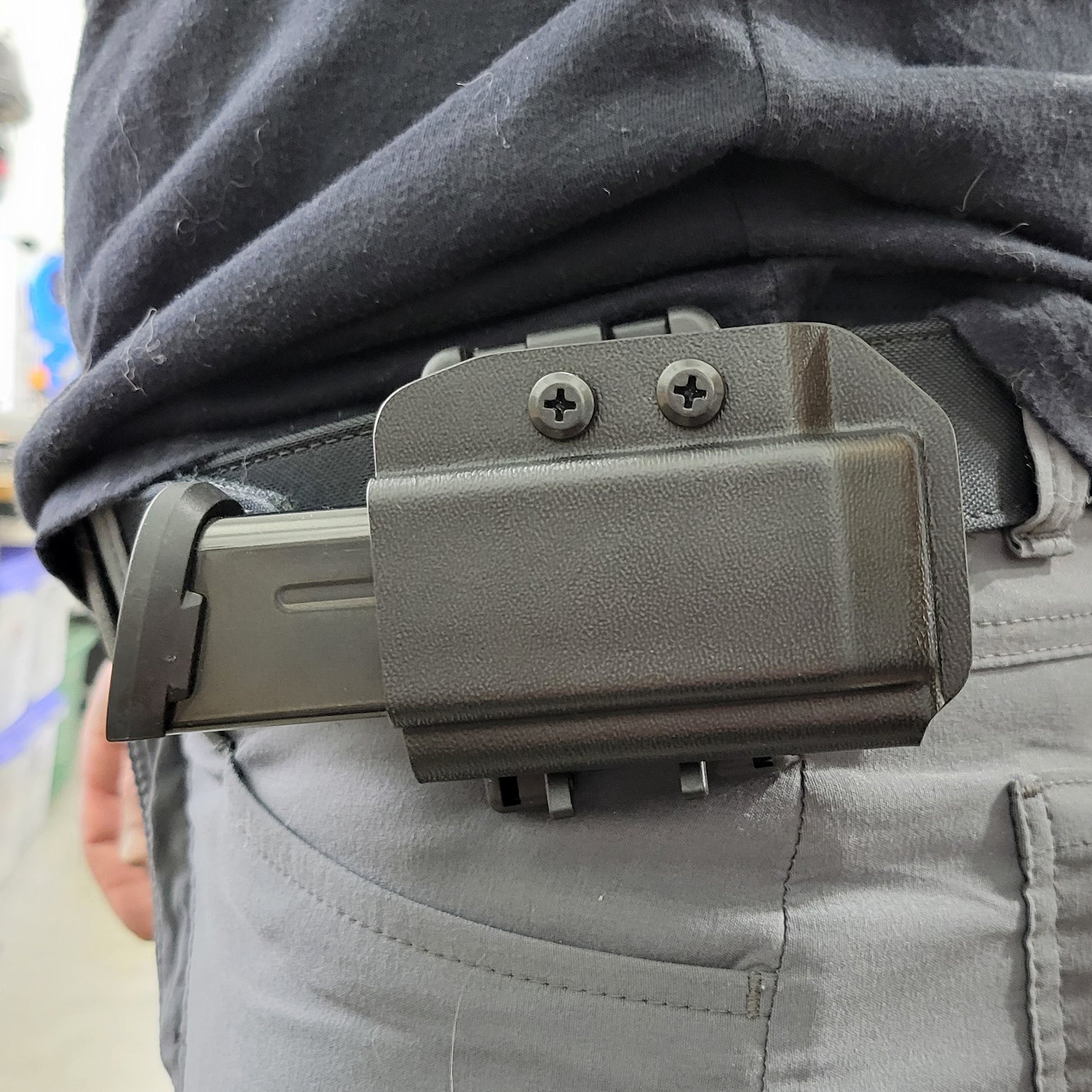 For the Best Kydex OWB Outside Waistband magazine pouch for Sig P365-FUSE, shop Four Brothers Holsters. Suitable for belt widths of 1 1/2", 1 3/4". 2" & 2 1/2" Adjustable retention and cant outside waist carrier holster Hellcat Pro, Sig P365XL, P365-XMACRO, Glock 43X & 48, Smith and Wesson Equalizer, and Shield Plus

