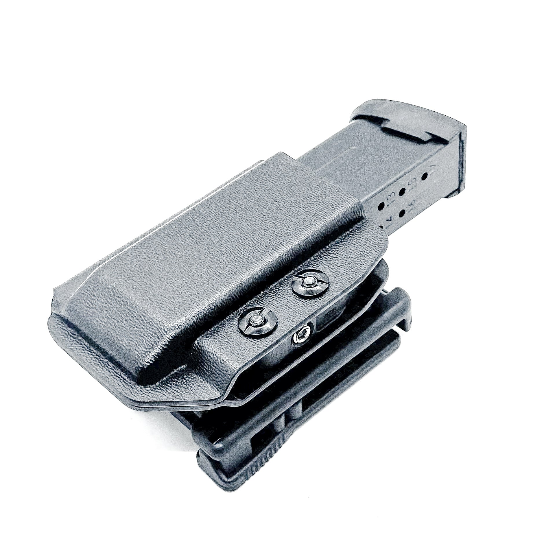Black Kydex OWB Outside Waistband magazine pouch for Sig P365-FUSE, shop Four Brothers 4BROS Holsters. Proudly made in the USA.  Adjustable retention.