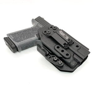 Inside Waistband Holster designed to fit the Polymer80 PF940C pistol with the Streamlight TLR-7 Sub weapon mounted light.  Holster will fit the Glock 19 size slide length pistol. Open Muzzle for threaded barrel, full sweat guard, adjustable retention, minimal material, reduced printing. Made in the USA