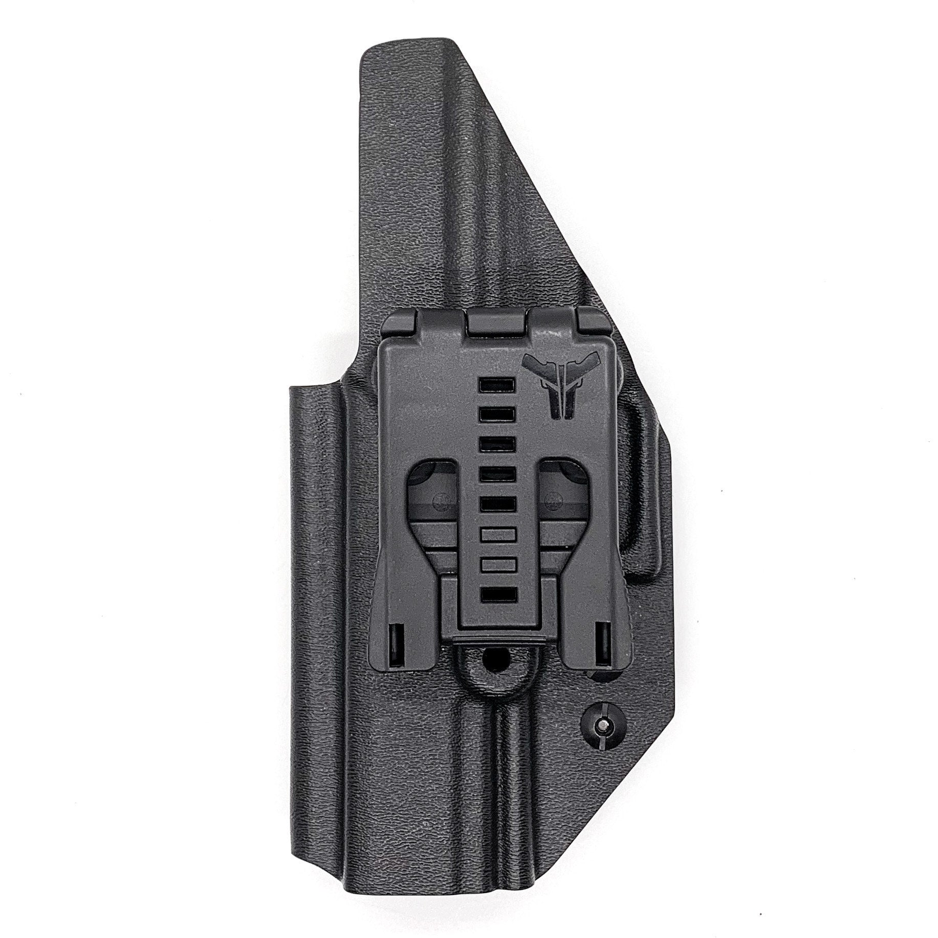 Outside Waistband Holster designed to fit the Walther PDP Full Size 4.5" pistol. Holster profile is cut to allow red dot sights to be mounted on the pistol.  This holster will fit the 4.5" Full Size, Full Size 4" and Compact. Full sweat guard, adjustable retention and open muzzle for threaded barrels and compensators.