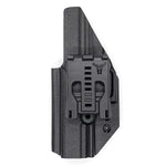 Outside Waistband Holster designed to fit the Walther PDP Compact pistol. Holster profile is cut to allow red dot sights to be mounted on the pistol.  Holster features full sweat guard, adjustable retention and open muzzle for threaded barrels and compensators.