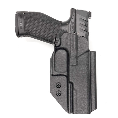 Outside Waistband Holster designed to fit the Walther PDP Full Size 4.5" pistol. Holster profile is cut to allow red dot sights to be mounted on the pistol.  This holster will fit the 4.5" Full Size, Full Size 4" and Compact. Full sweat guard, adjustable retention and open muzzle for threaded barrels and compensators.