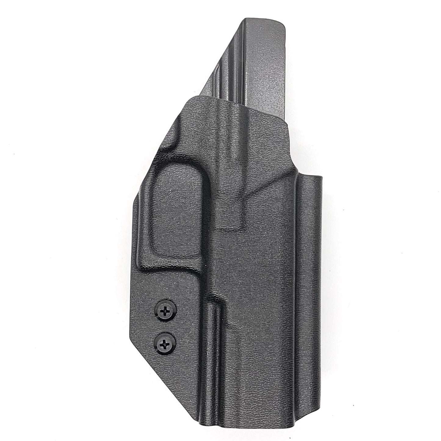 Outside Waistband Holster designed to fit the Walther PDP Full Size 4.5" pistol. Holster profile is cut to allow red dot sights to be mounted on the pistol.  This holster will fit the 4.5" Full Size, Full Size 4" and Compact. Full sweat guard, adjustable retention and open muzzle for threaded barrels and compensators.