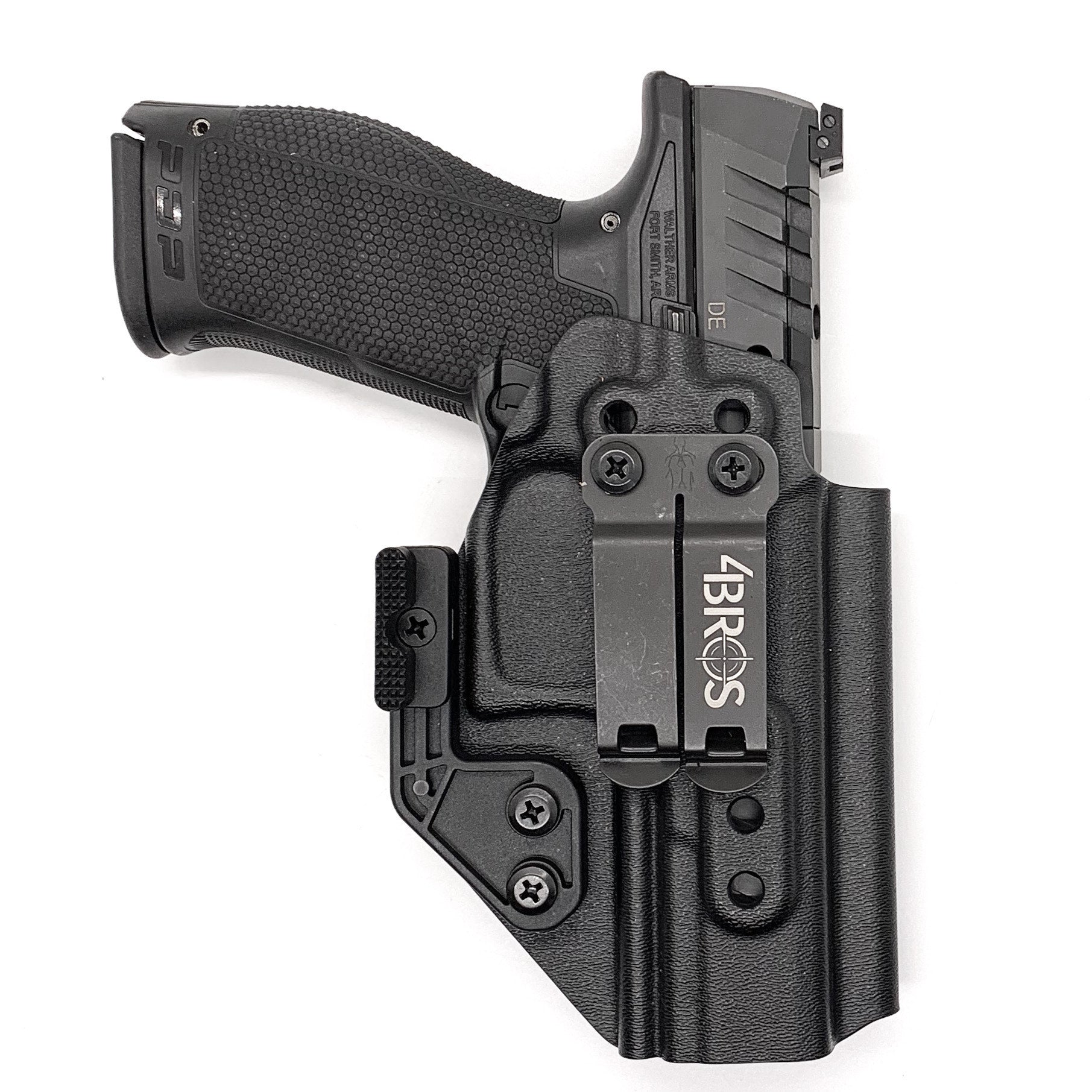 Inside Waistband IWB Holster designed to fit the Walther PDP Full Size 4" pistol. Holster profile is cut to allow red dot sights to be mounted on the pistol.  This holster will fit the Full Size 4.5", Full Size 4" & Compact. Full sweat guard, adjustable retention and open muzzle for threaded barrels and compensators.